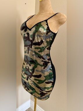 Sequin Camo Bodycon Mini Dress in Green & Gold
